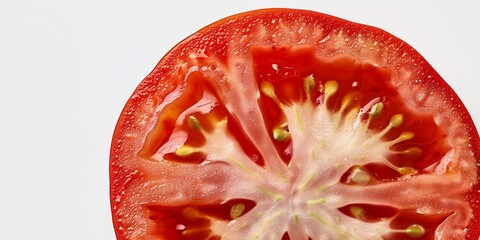 a slice of a fresh organic tomato isolated agains white background
