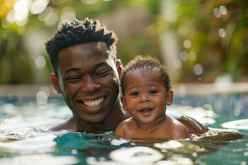 Joyful black father and baby playing together in swimming pool