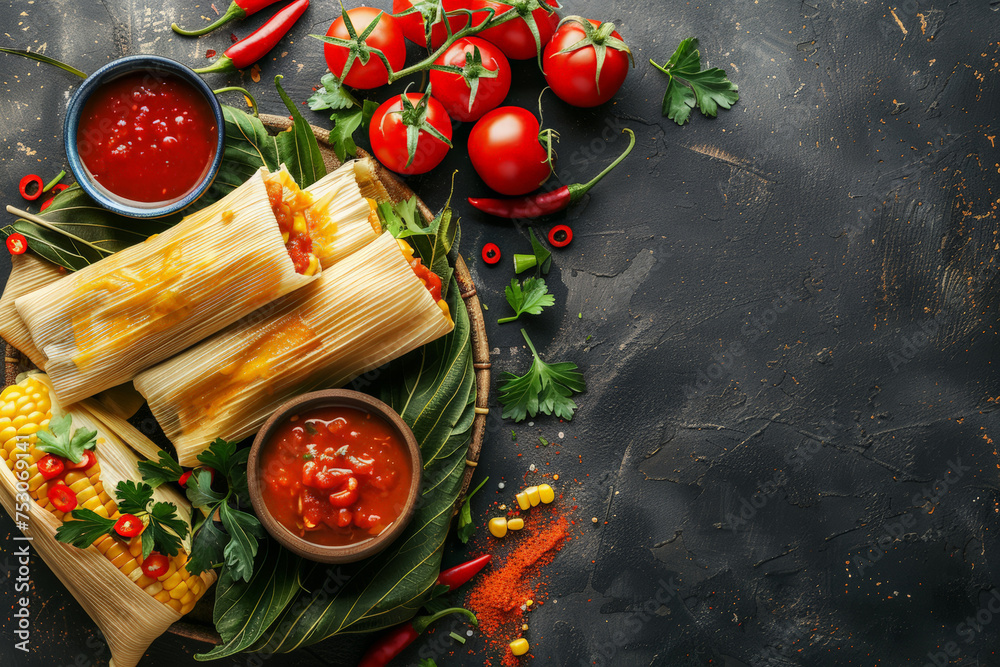 Wall mural mexican tamales of corn leaves with chili and sauces on a dark backdrop. mexican traditional food ba