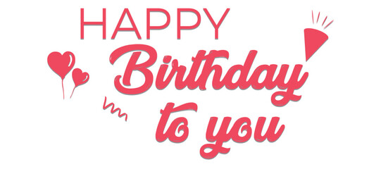 Happy Birthday lettering text banner with balloon, hat, candle, confetti, black color. Vector illustration.