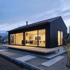 One-storey wooden house. House by the evening lake. Evening cottage. Evening cottage landscape. Small house by lake.Lighting of country cottage.