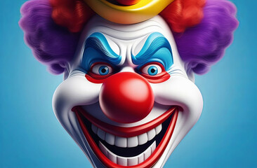 Obraz premium studio portrait of a clown on plain blue studio background, good for 1 april fool's day banner, space for text. High quality illustration