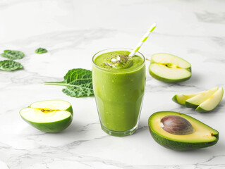 Fototapeta premium delicious Avocado kale smoothie with apple juice , for a styled food photography shoot on a white marble kitchen