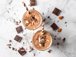 delicious Almond butter chocolate protein smoothie , for a styled food photography shoot on a white marble kitchen