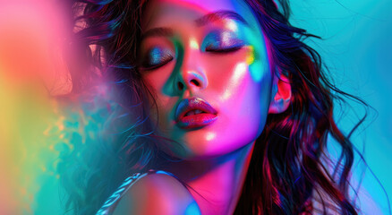 Obraz na płótnie Canvas asian rainbow girl with rainbow makeup portrait