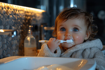 Little cute baby girl learning to brush teeth in bathroom, detal hygiene concept, child's health - obrazy, fototapety, plakaty