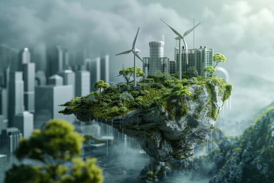 Energy transition implementation in a 3D corporate setting showcasing solutions for a sustainable and green future
