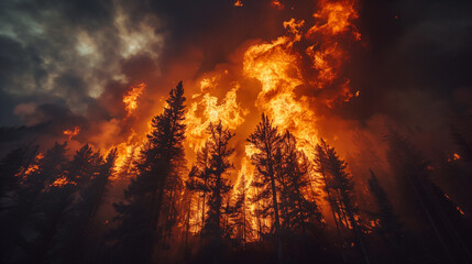 A violent wildfire consuming a forest with fierce flames under the darkening sky, highlighting the severity of forest fires..