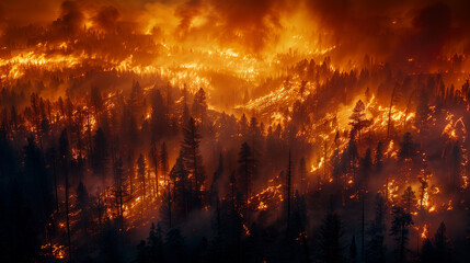 Wildfire with towering flames engulfing a dense forest, highlighting the severity of forest fires.