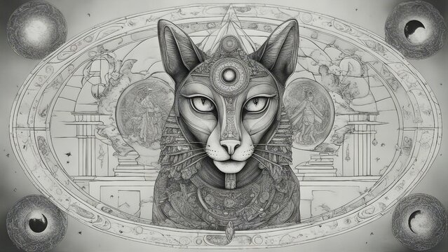 black and white cat _A black and white mystical drawing of the third eye, all seeing eye, circle of a moon phase, 