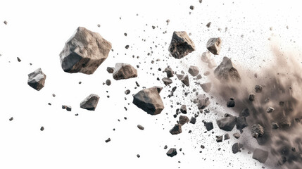 Discover the surreal scene of flying rocky debris and dust, isolated on a transparent background. AI generative