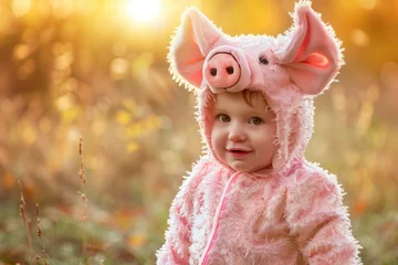 Fotobehang Baby with farm animal Halloween costume of a pig © Kien