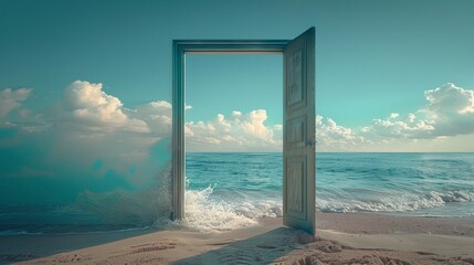wide open door in doorframe, view on a sandy beach on a bright sunny day. Beautiful nature and surreal summer landscape