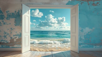 wide open doors of a house, view on a sandy beach on a bright sunny day. Beautiful nature and surreal summer landscape