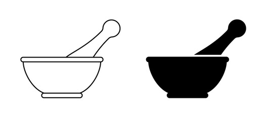 Mortar to grind herbs. Kitchenware icon. Mortars and pestle. Mixing herbal medicine icon. Pharmacy logo. Mortar and pusher for herb grinding. Medicine bowl. Healthy food, meal concept. - obrazy, fototapety, plakaty