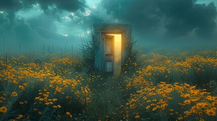 an open door in a field with yellow flowers on a stormy night. Fantasy storytelling - obrazy, fototapety, plakaty