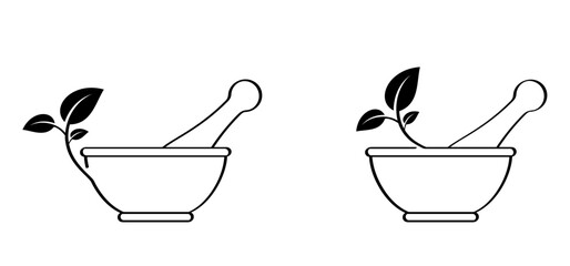 Mortar to grind herbs and leaf. Kitchenware icon. Mortars, pestle with leaves. Mixing herbal medicine icon. Pharmacy logo. Mortar and pusher for herb grinding. Medicine bowl. Healthy food, meal concep - obrazy, fototapety, plakaty