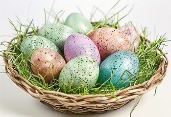 Naklejka na ściany i meble Colorful speckled Easter eggs in a rustic wicker basket
