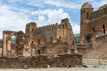 Royal Fasil Ghebbi palace, Gondar fortress-city, Ethiopia. Founded by Emperor Fasilides. Imperial palace castle complex is called Camelot of Africa. African architecture. UNESCO World Heritage Site.