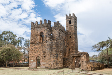 Royal Fasil Ghebbi palace, Gondar fortress-city, Ethiopia. Founded by Emperor Fasilides. Imperial palace castle complex is called Camelot of Africa. African architecture. UNESCO World Heritage Site.