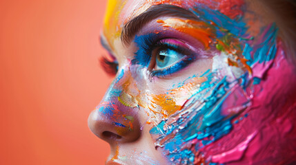 Abstract Beauty.
A close-up of a woman with a vividly painted face, blending art and beauty in a...