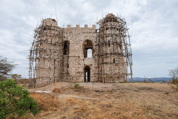 Ruins of Guzara royal palace on strategic hill near Gondar city, Ethiopia, African heritage architecture - 753071339