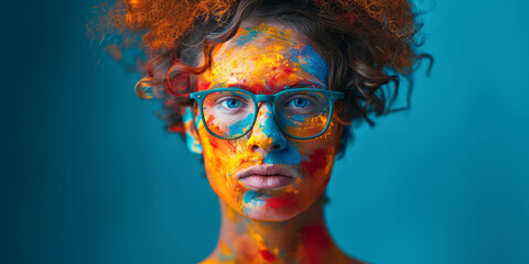 Spectrum of Thought.
A person with colourful paint on their face and glasses looks contemplatively,...