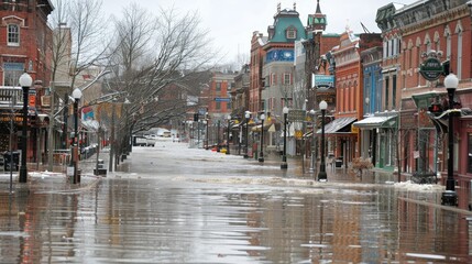 Charming small town streets flooded after heavy rainfall, creating a serene yet impactful scene.
