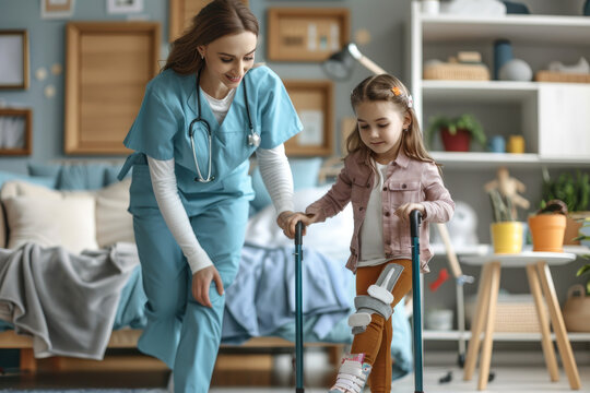 nurse or caregiver in uniform helps happy child patient girl with broken leg walk with orthopedic crutches at home