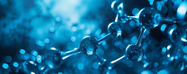 A 3D illustration of a molecule with atoms connected by bonds in a blue bokeh background, suitable for science and education themes.