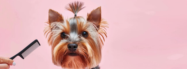 Groomed little cute Yorkshire Terrier combed with a comb on pink background with copy space. Banner template for grooming salon.