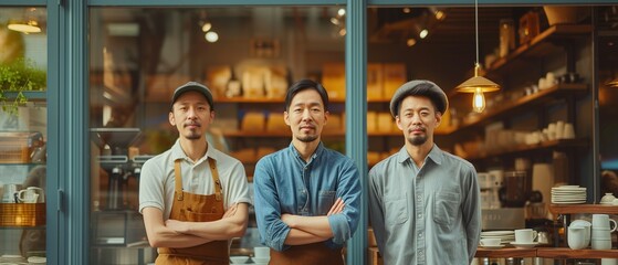 Adult asian three partners standing in front of the shop.