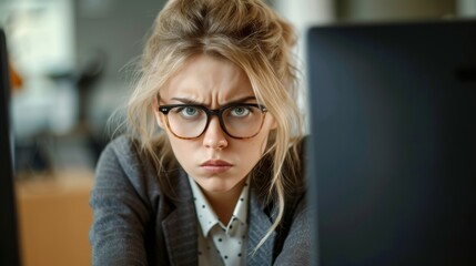 Serious young businesswoman in eyeglasses looking at computer monitor
