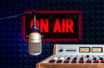 Professional microphone and sound mixer in radio station studio