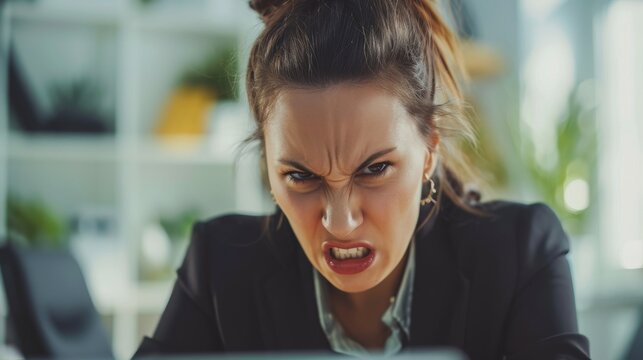 Angry businesswoman sitting at desk in office