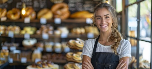 a pretty employee in the bakery store with her arms folded
