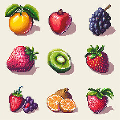 Pixel art collection of fruits including apples, strawberries, grapes, and bananas. The fruits are arranged in a grid pattern, with each fruit occupying a different space. Concept of abundance and