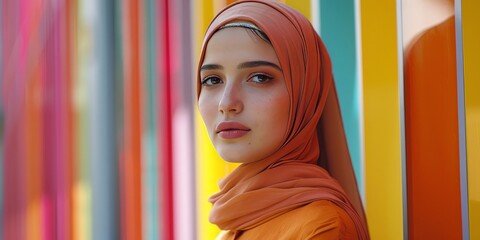 Young woman wearing hijab is standing in front of a colourful wall