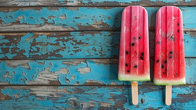 Watermelon slice popsicles on a blue rustic wood background.