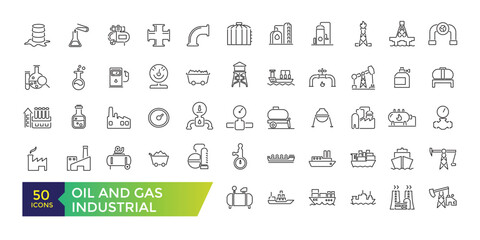 Oil and Gas outline icons related to natural gas. Linear icon collection. Fuel industry linear icons. Gasoline outline vector signs and symbols collection. - obrazy, fototapety, plakaty