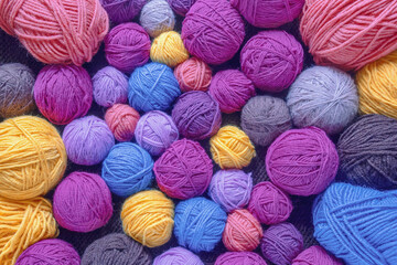 Hobby and knitting concept. Colorful balls of wool, background