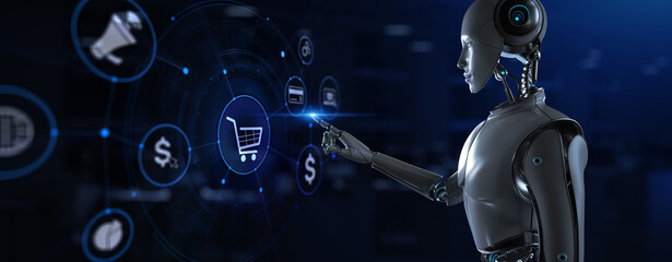 E-commerce Online shopping. Robot pressing button on screen 3d render.