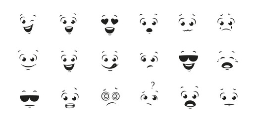 Cartoon faces with different expressions. Happy, smiling, sad, surprised, in love face. Emoji with different emotion mood. Showing eyes and mouth. Black and white vector illustration. 
