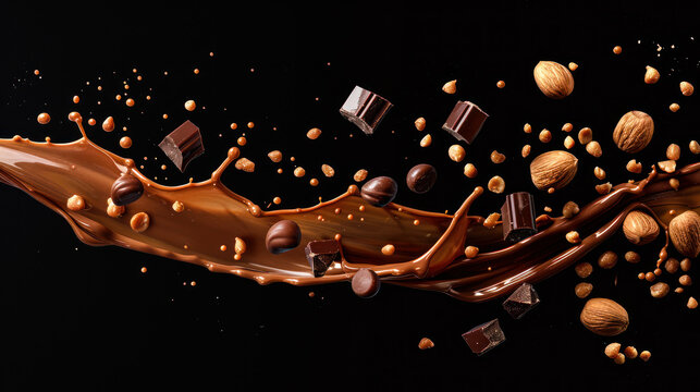 chocolate levitation. Freeze motion of flying group of liquid melted chocolate, raw chocolate pieces and nuts isolated on black background. Yummy chocolate. Confectionery, chocolatier background