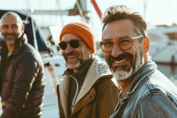 Group of successful adults rich men friends smiling in an harbor - obrazy, fototapety, plakaty