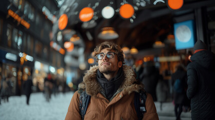 Obraz premium A man wearing a brown coat and glasses standing in a snowy street. Looking up, copy space 