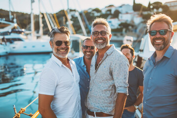 Group of successful adults rich men friends smiling in an harbor