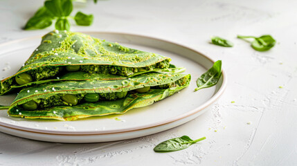 Obraz premium Spinach green pancakes crepes with green beans on a plate on white background. Trendy vegetarian food. Healthy breakfast recipe. Plant based diet concept. Restaurant menu