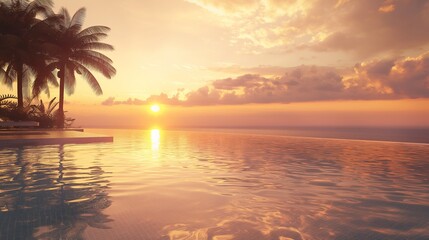 Sunset serenity in a detailed shot of a lavish pool, where the warm hues of the sky reflect off the pristine water, creating a tranquil ambiance