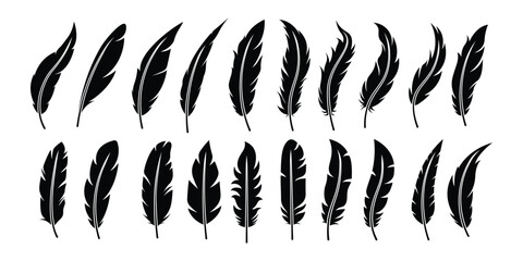 Set of Bird Feather. Feathers vector set in a flat style. Pen icon. Black quill feather silhouette. Plumelet collection isolated  © THETO STUDIO